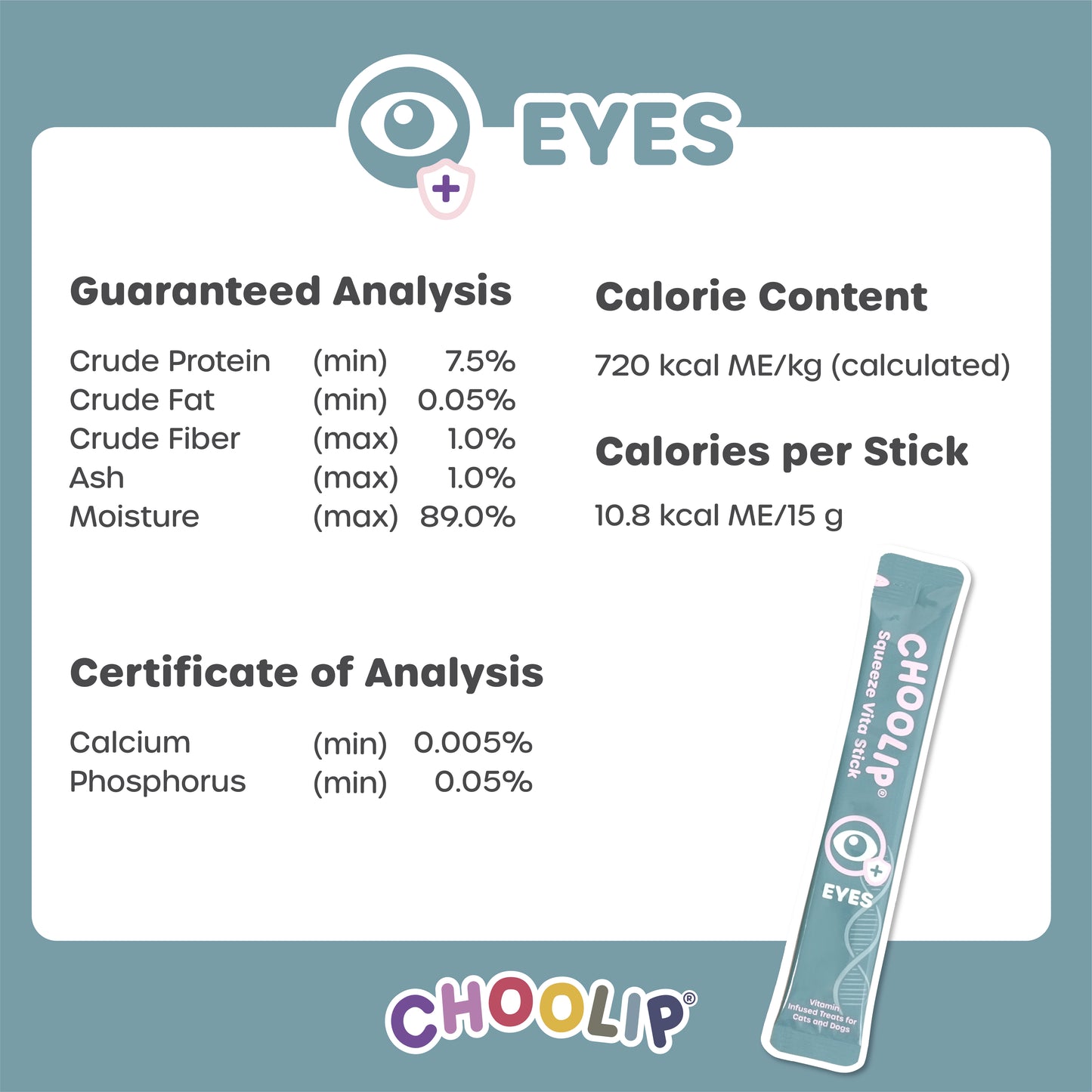 Nutritional information card for CHOOLIP EYES with product packaging on a blue background