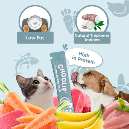 CHOOLIP product with images of a cat, dog, and various ingredients on a light blue background.