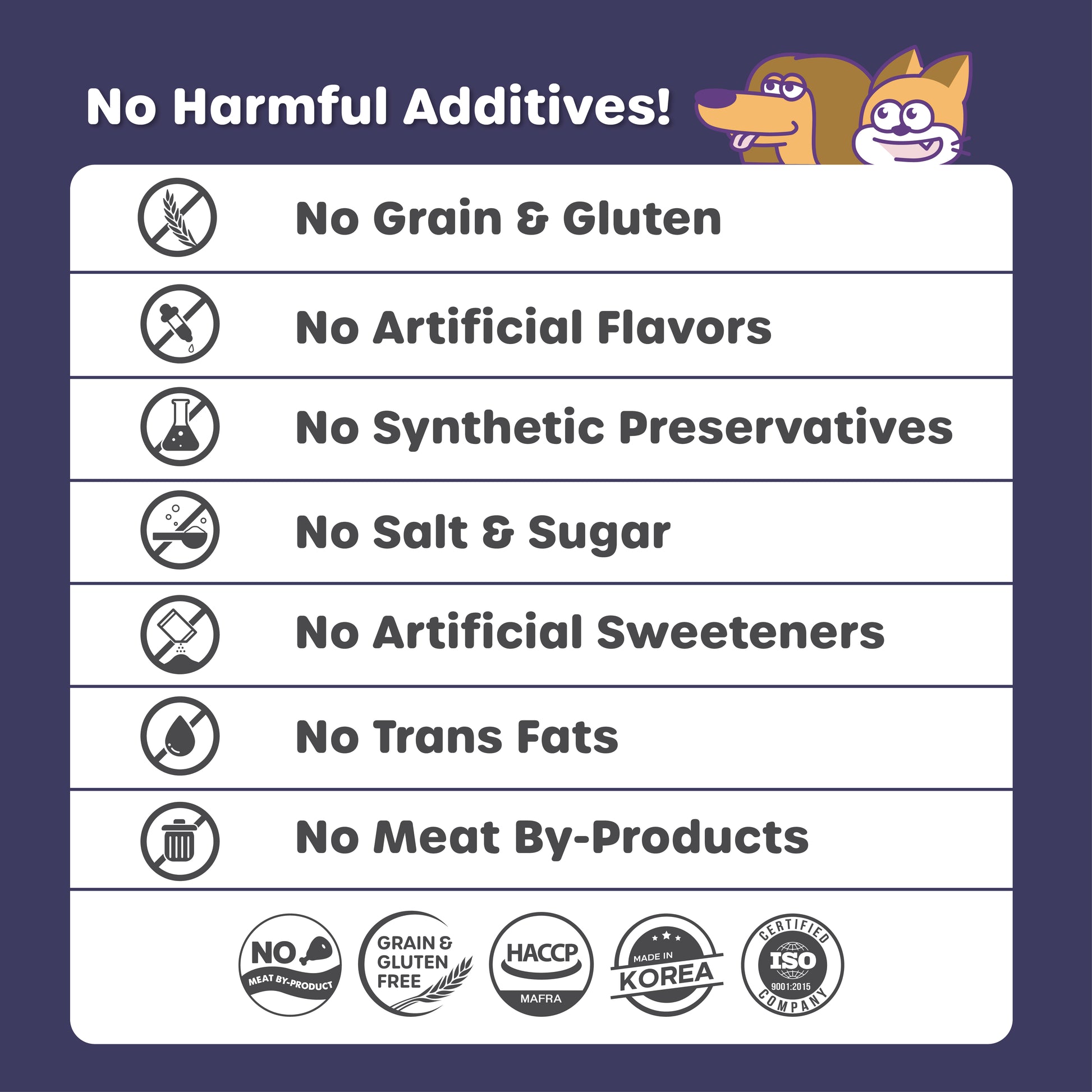 List of product attributes with icons and text on a blue background