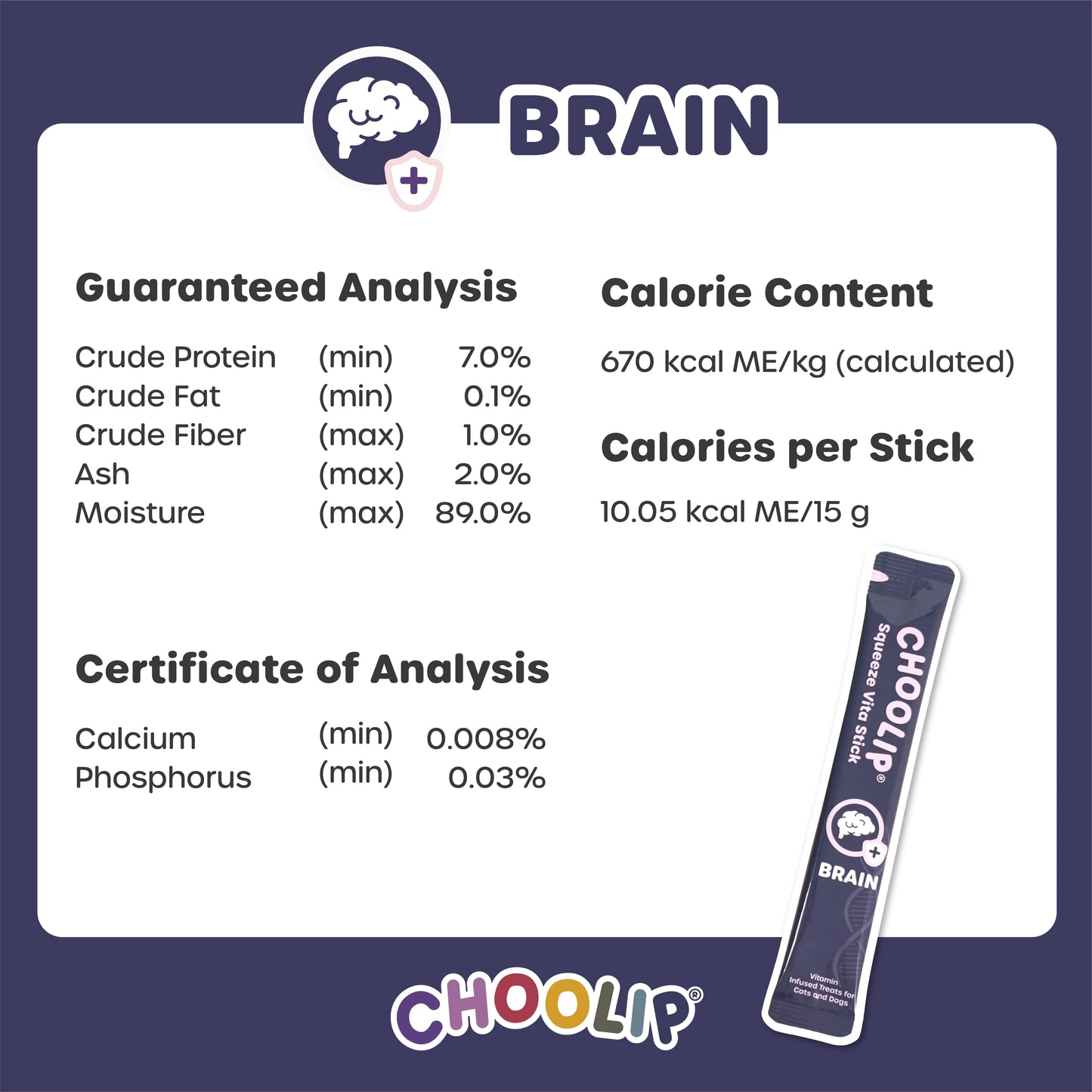 Product label for Choolip Brain with nutritional information and a stick of Choolip Brain.