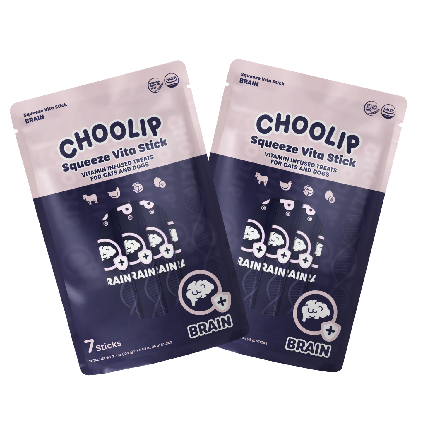 Two packages of Choolip Squeeze Vita Stick brain vitamin-infused treats for pets on a white background.