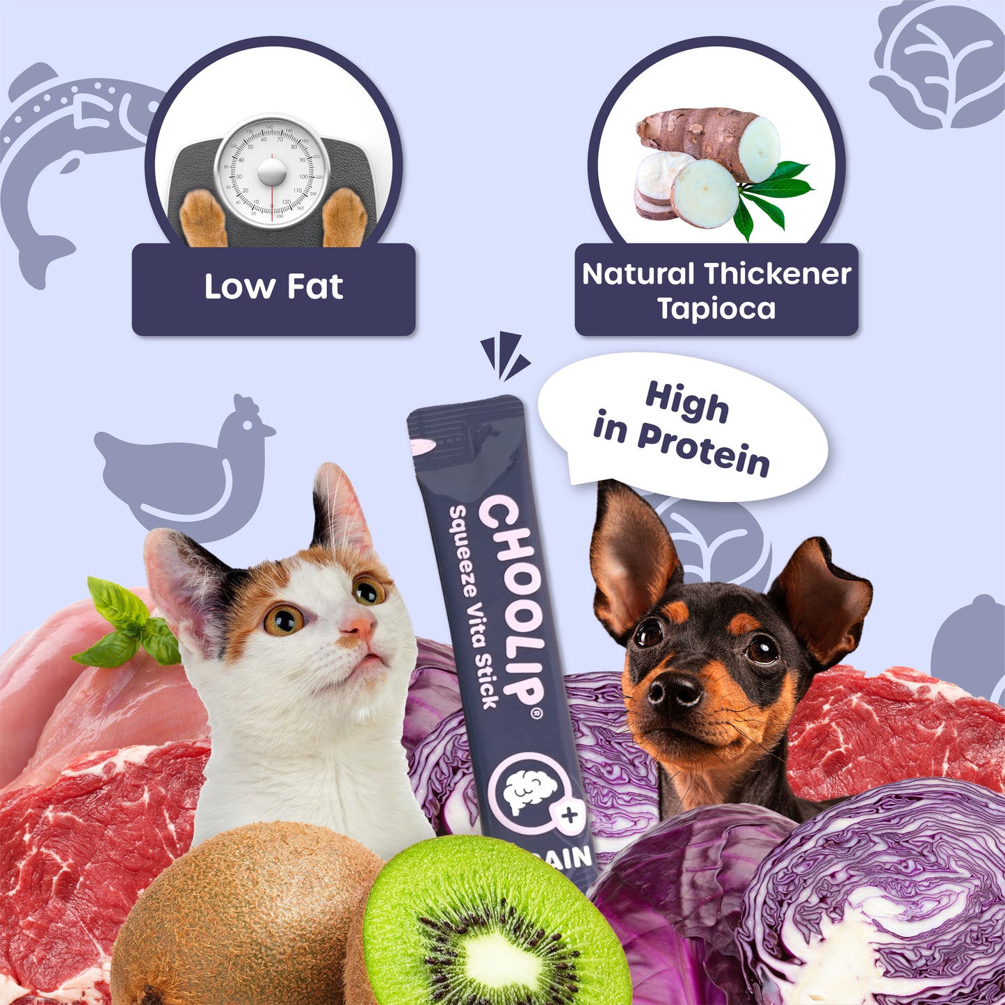 CHOOLIP product with a cat and dog surrounded by food ingredients and text highlighting benefits.
