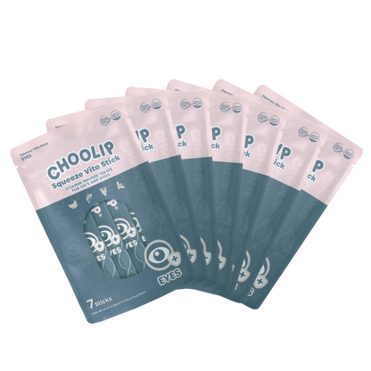 Multiple packages of Choolip Squeeze Vita Stick on a white background