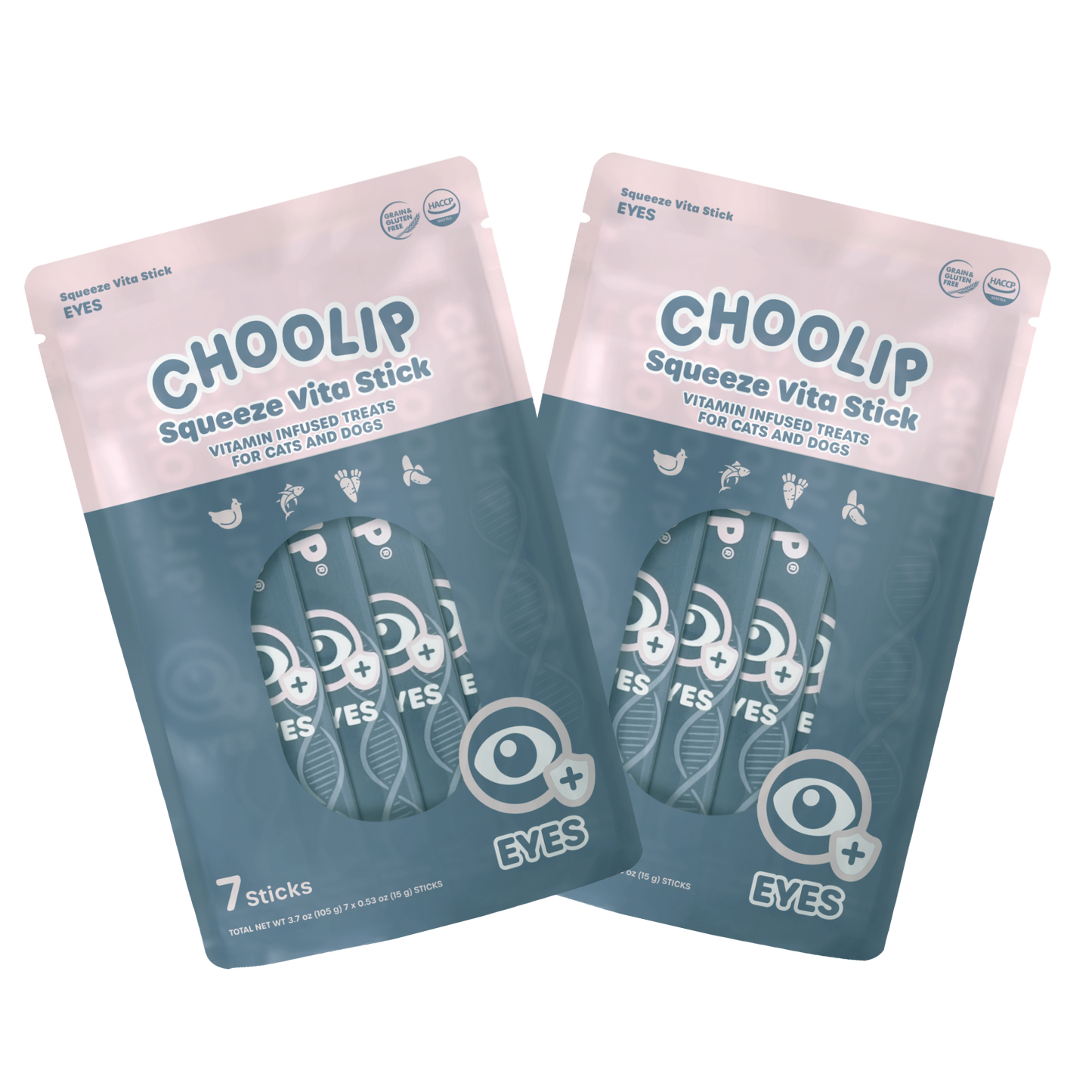 Two packages of Choolip Squeeze Vita Stick treats for pets on a white background