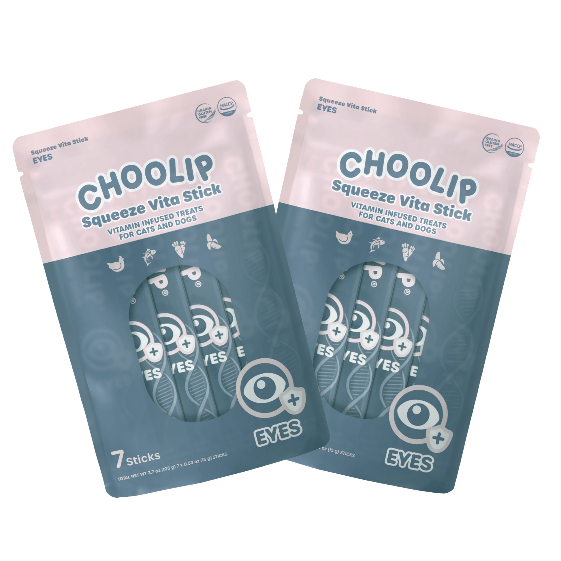 Two packages of Choolip Squeeze Vita Stick treats for pets on a white background