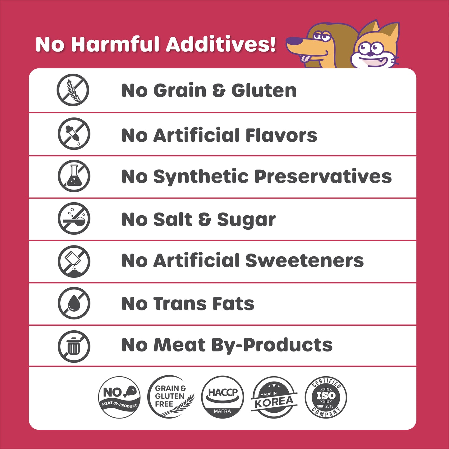 List of no harmful additives on a red background with cartoon dog and cat characters.