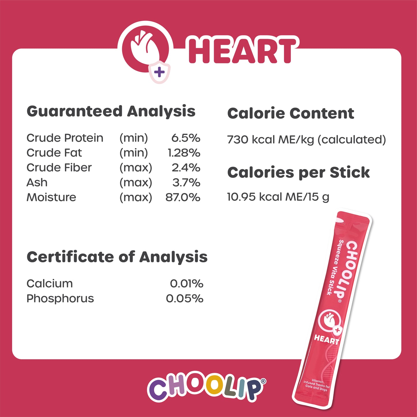 Product label for CHOOLIP HEART with nutritional information on a red background