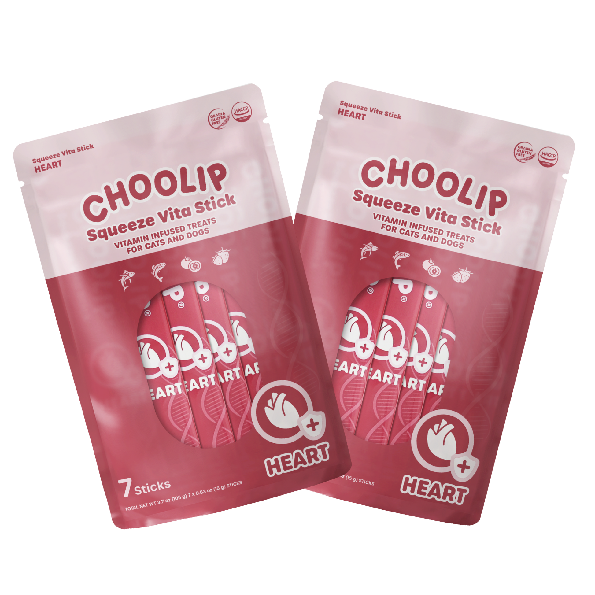 Two packages of Choolip Squeeze Vita Stick treats for pets on a white background