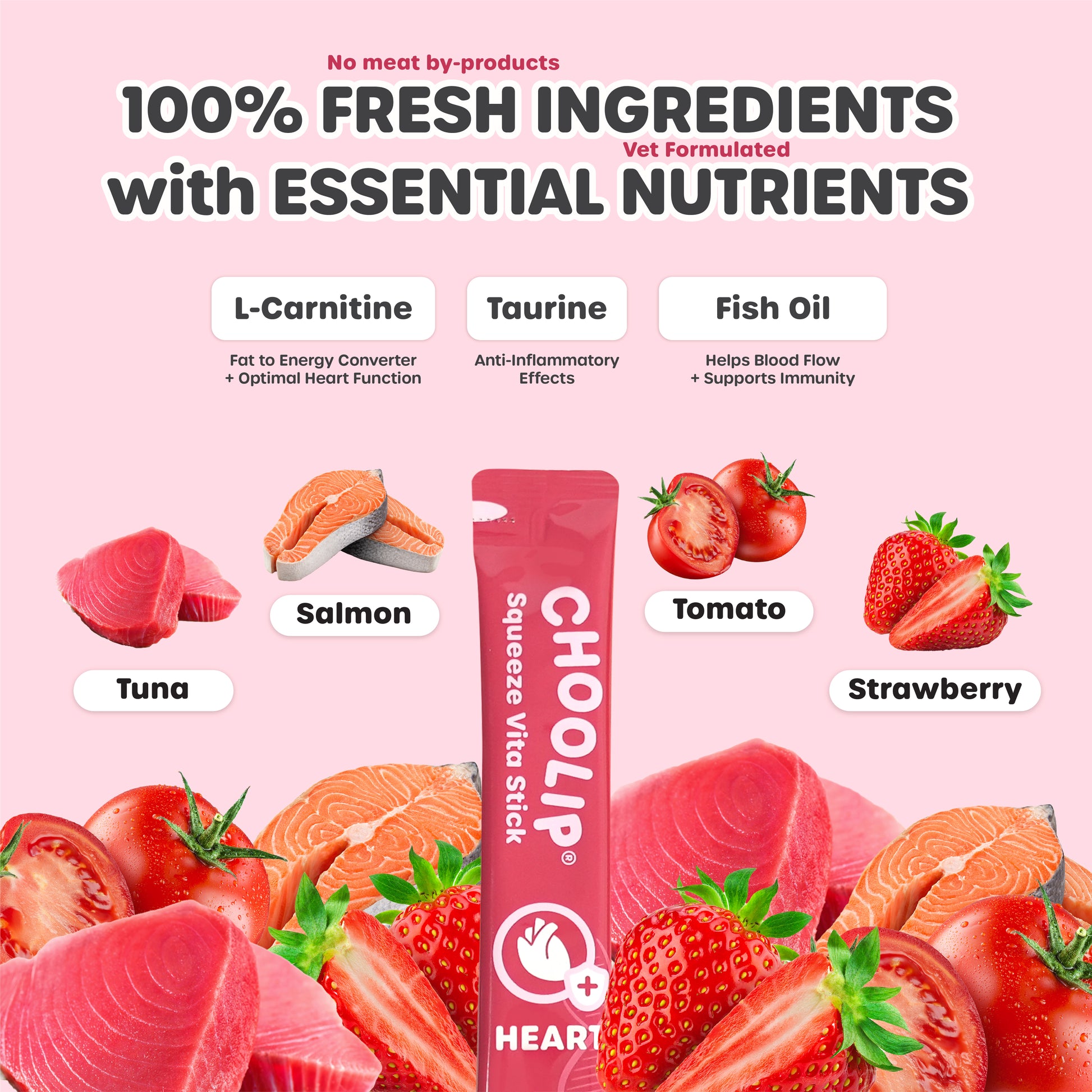 Product packaging with fresh ingredients and nutritional information on a pink background