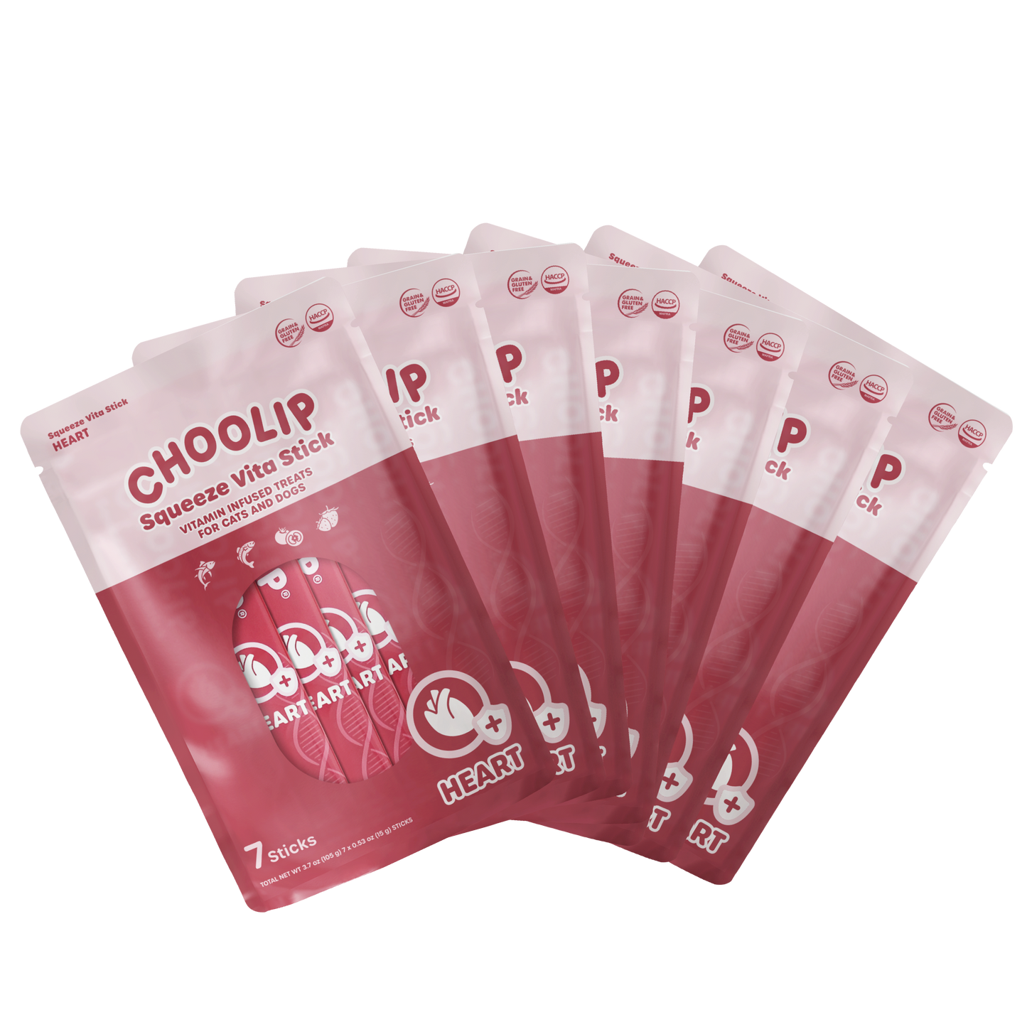 Multiple packages of Choolip squeeze Vita stick for cats on a white background