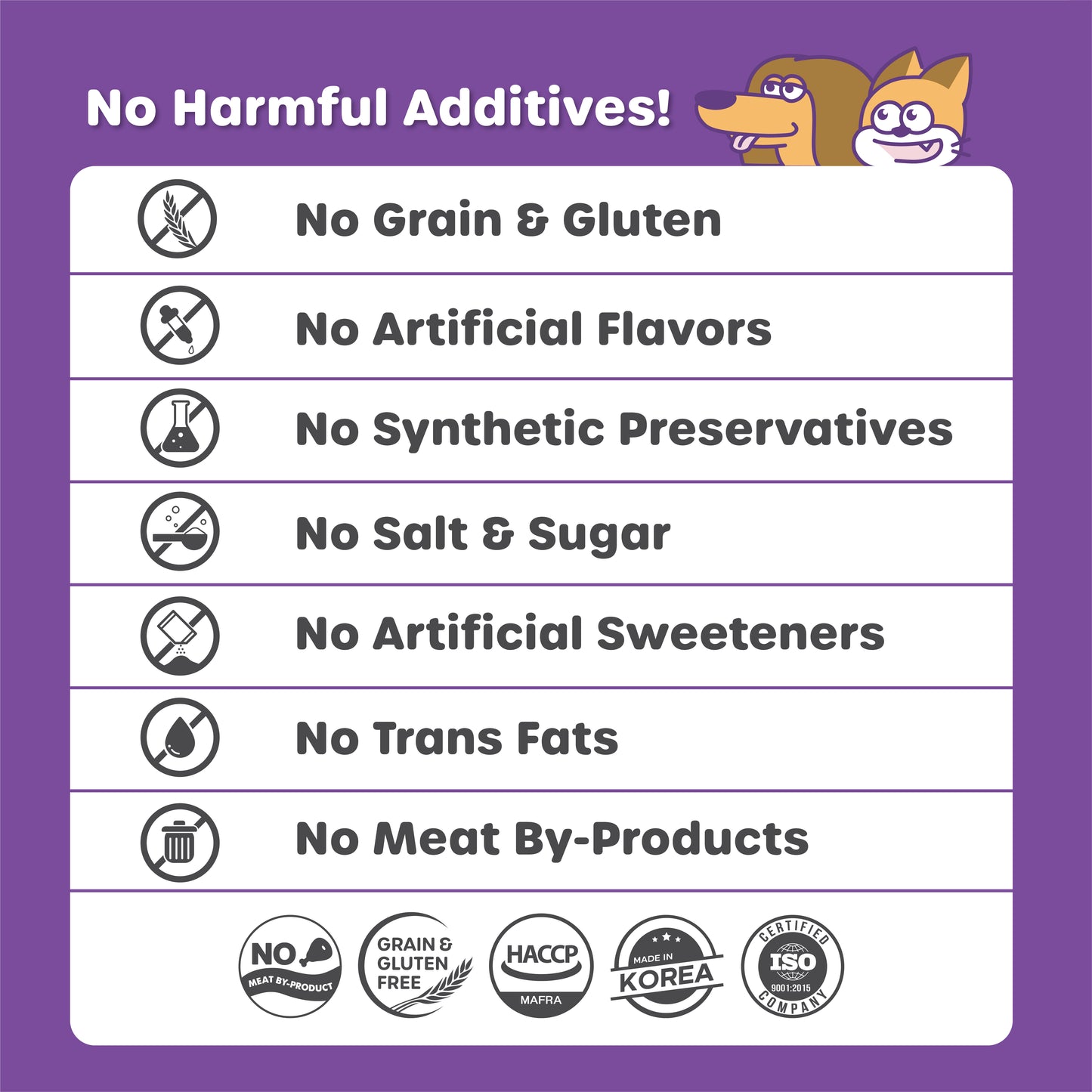 List of no harmful additives on a purple background with cartoon dog and cat characters.