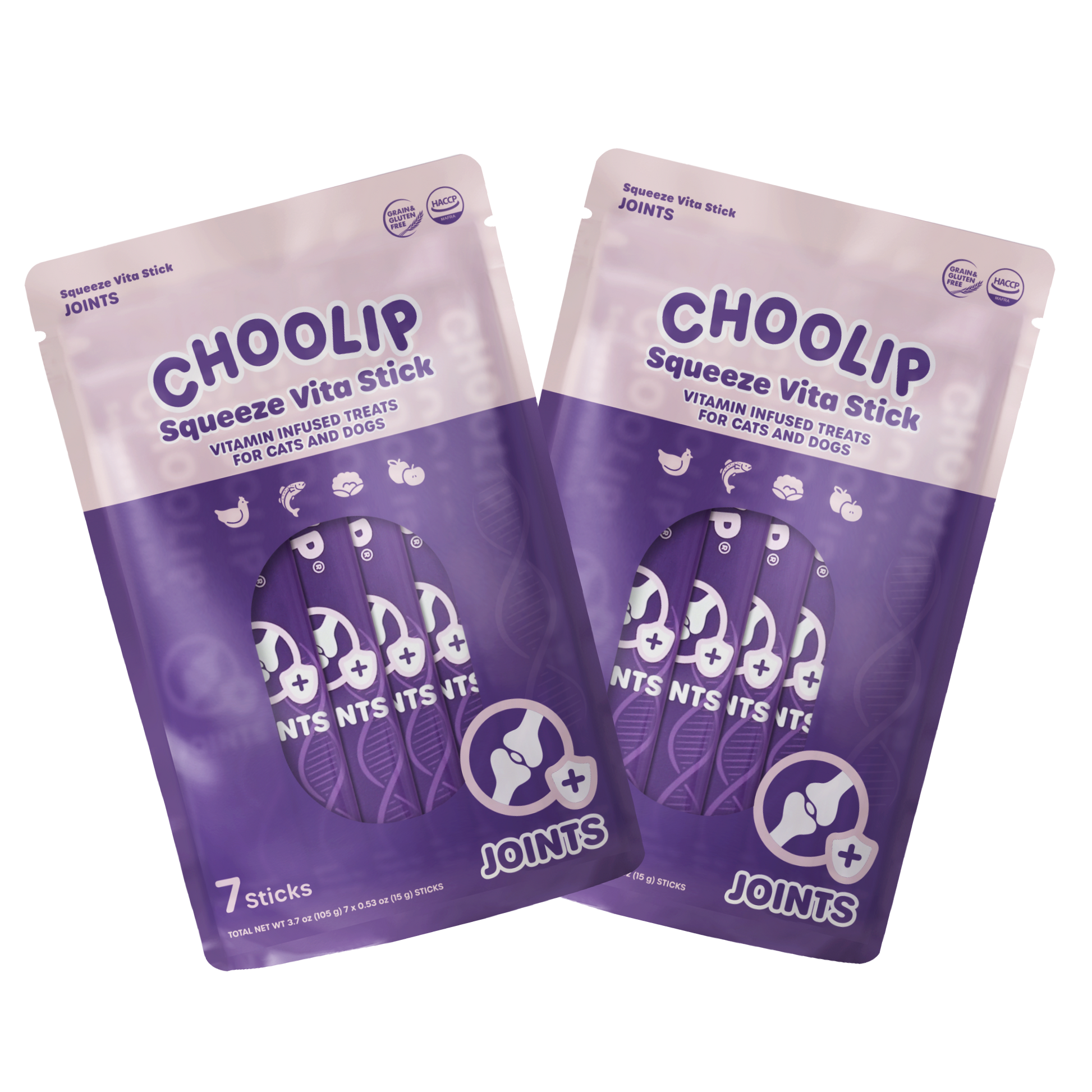Two packages of Choolip Squeeze Vita Stick treats for pets on a white background