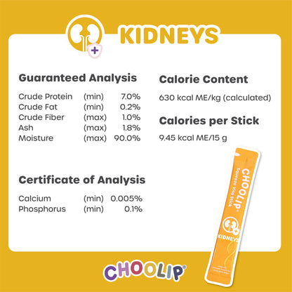 Nutritional information card for CHOOLIP Kidneys with product packaging on a yellow background