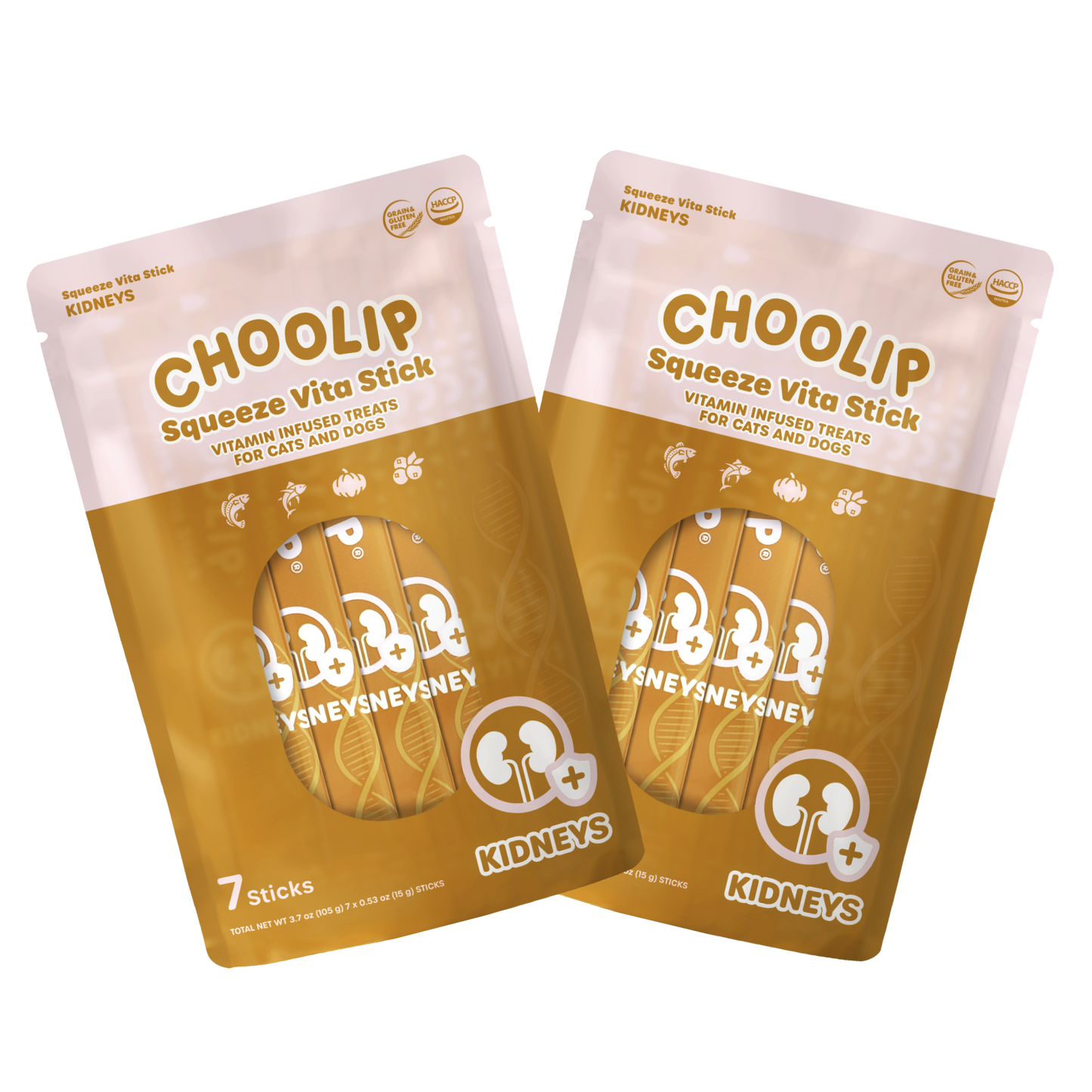 Two packages of Choolip Squeeze Vita Stick treats for cats and dogs on a white background