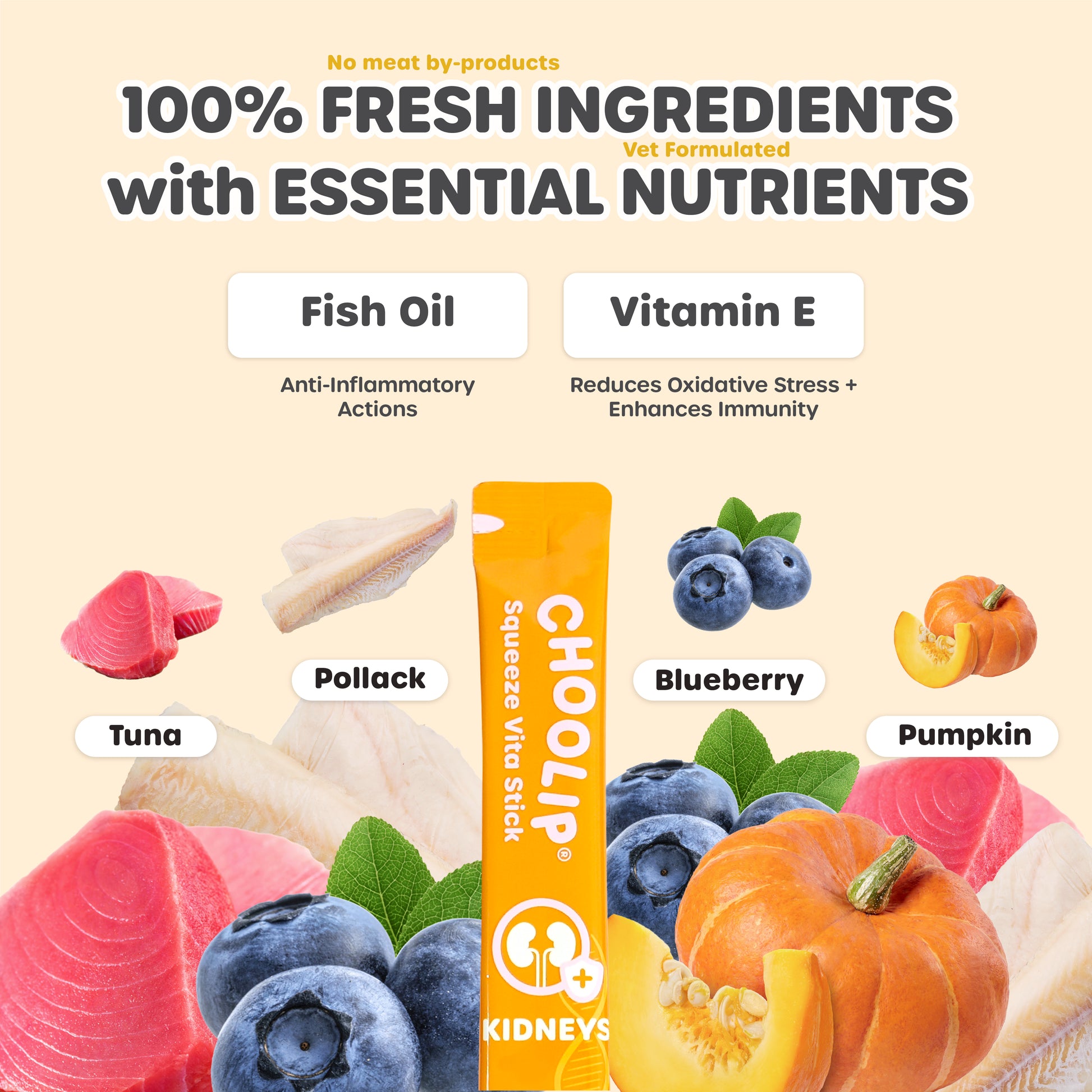 Product packaging with fresh ingredients and health benefits on a yellow background