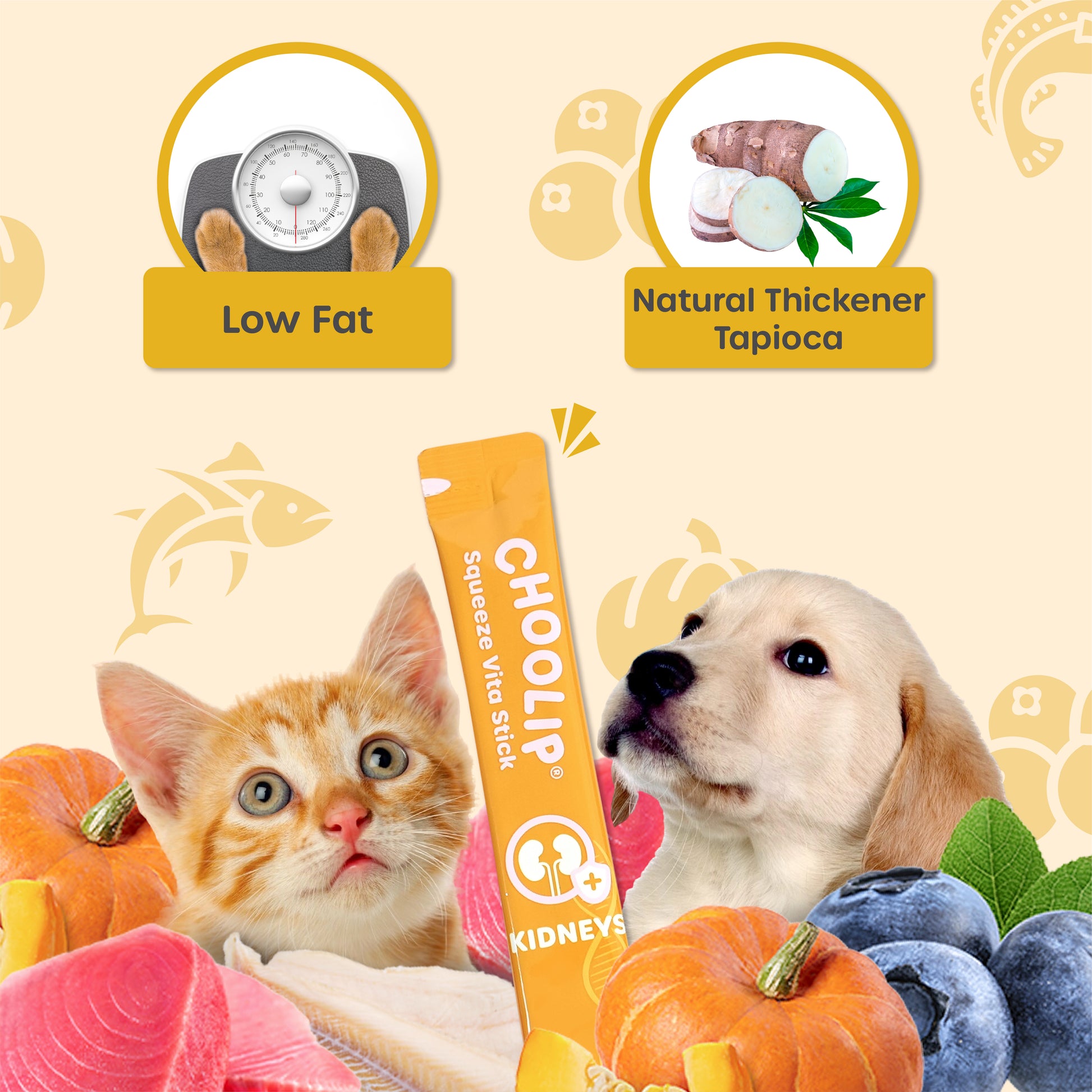 CHOOLIP product with a cat, dog, and health-related icons on a yellow background