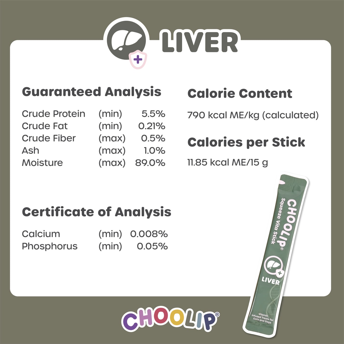Nutritional label for liver product by Choolip with guaranteed analysis and calorie content details.