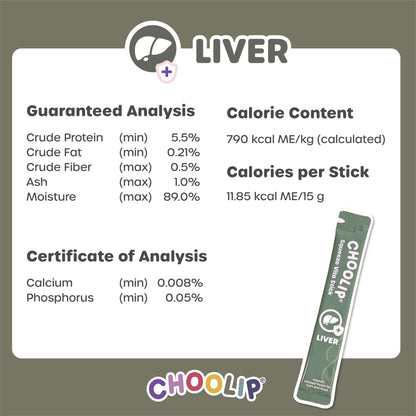 Nutritional label for liver product by Choolip with guaranteed analysis and calorie content details.