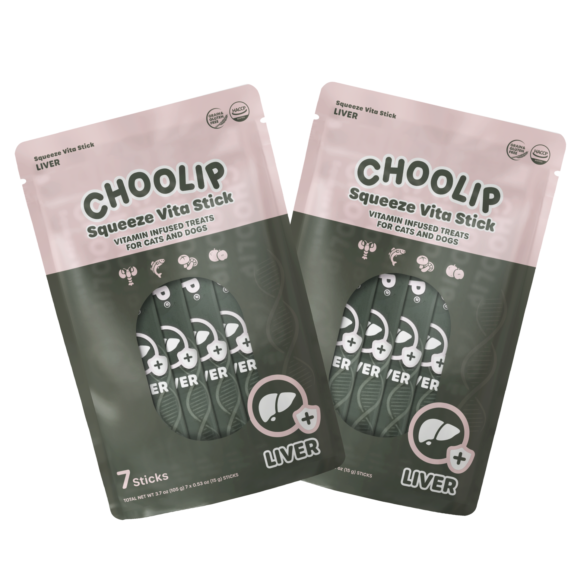 Two packages of Choolip Squeeze Vita Stick liver treats for pets on a white background