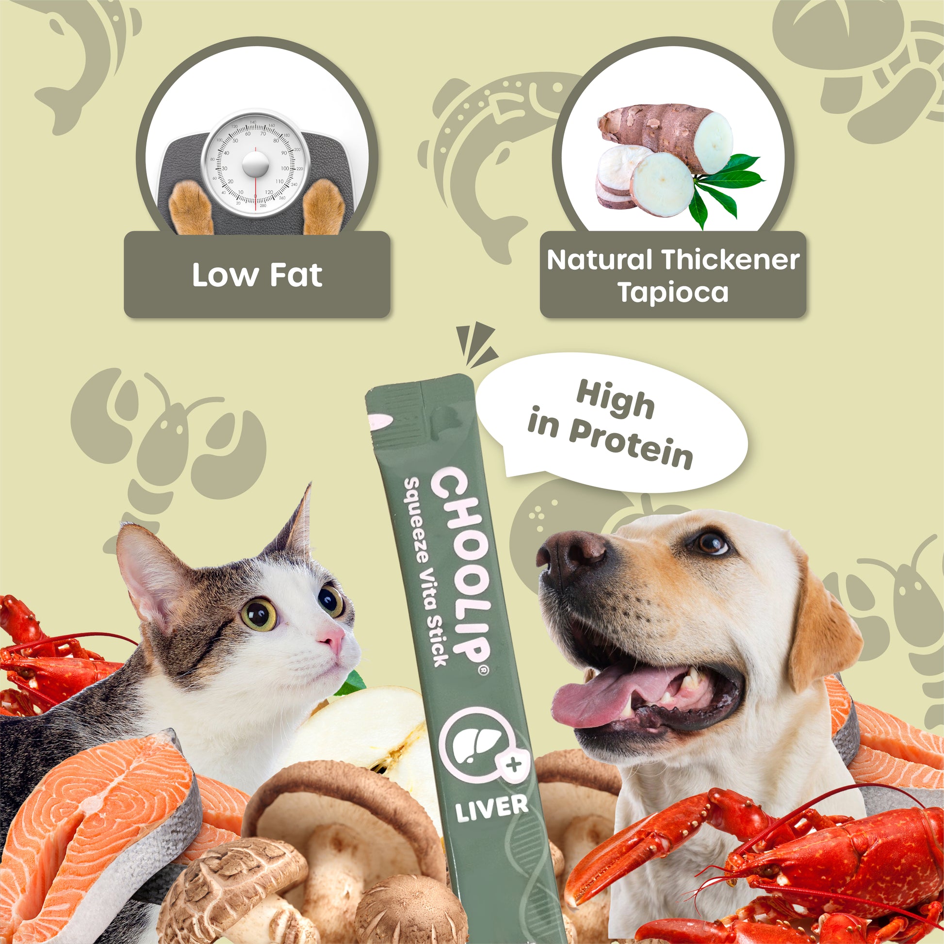 CHOOLIP liver treat packaging with a cat, dog, and various ingredients on a green background