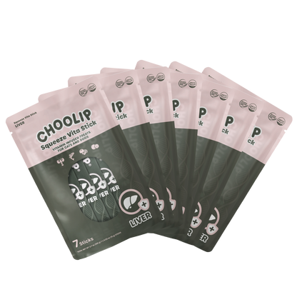 Multiple packages of Choolip Squeeze Vita Stick on a white background
