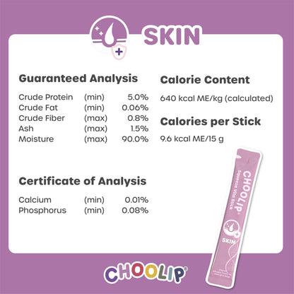 Product label for CHOOLIP Skin with nutritional information on a purple background