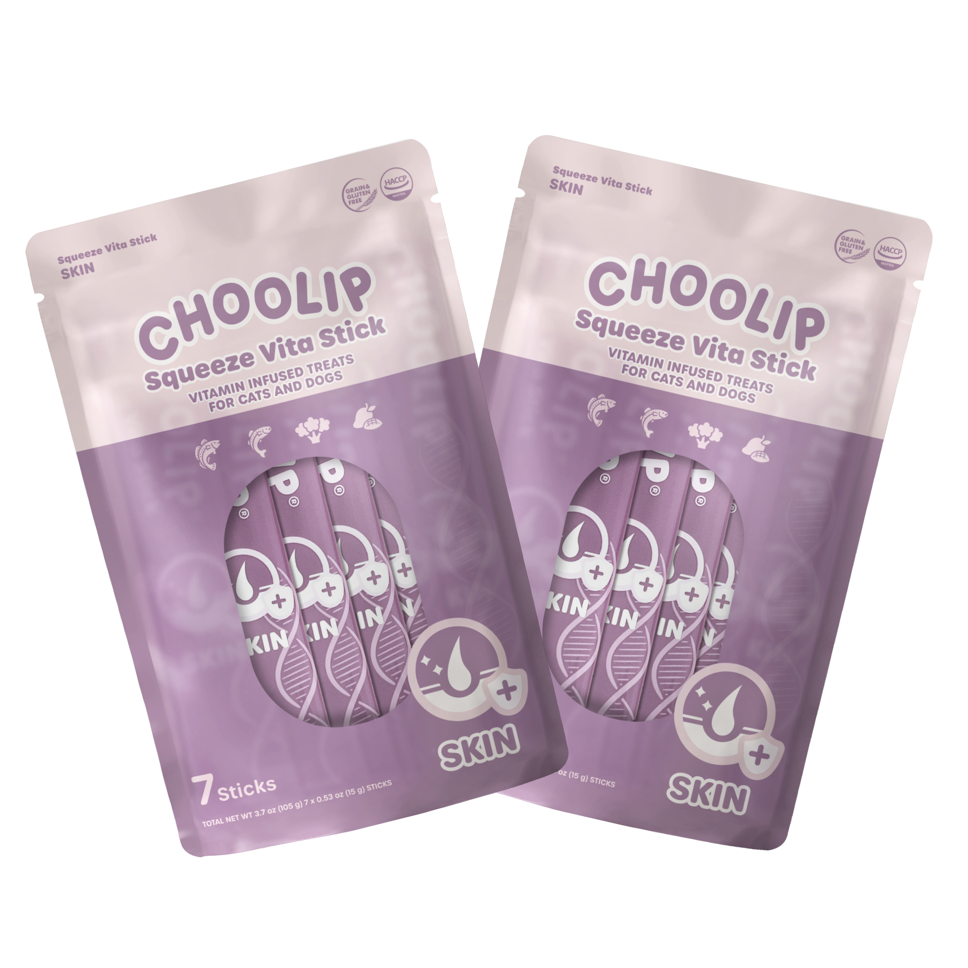Two purple packages of Choolip Squeeze Vita Stick for cats and dogs on a white background