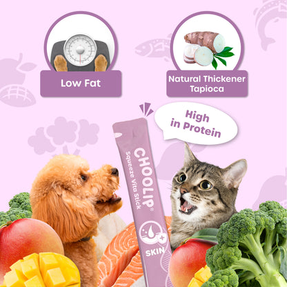 Product packaging for a pet supplement with images of a dog, cat, and various fruits and vegetables on a pink background.