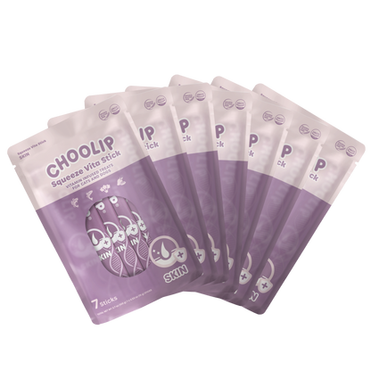 Multiple packs of Choolip Squeeze Vita Stick on a white background