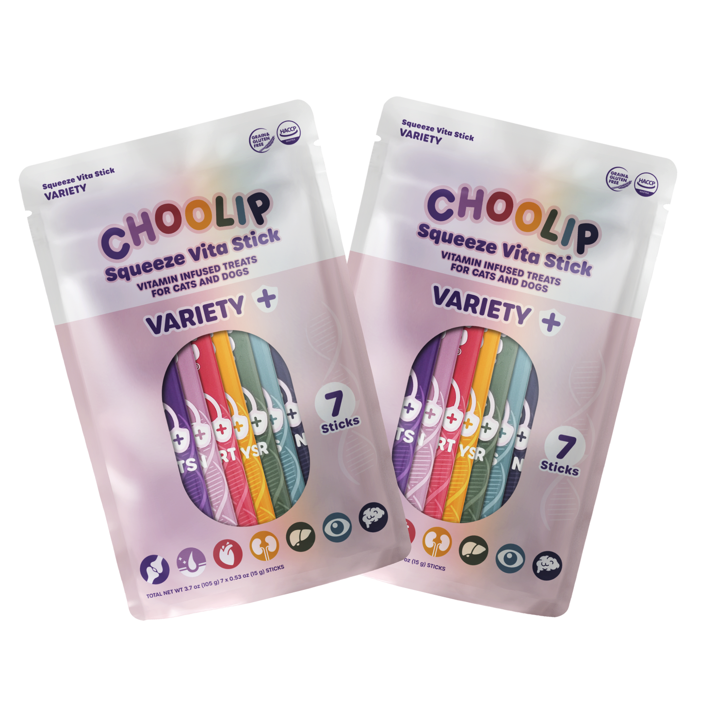Two packages of Choolip Squeeze Vita Stick Variety for cats and dogs on a white background