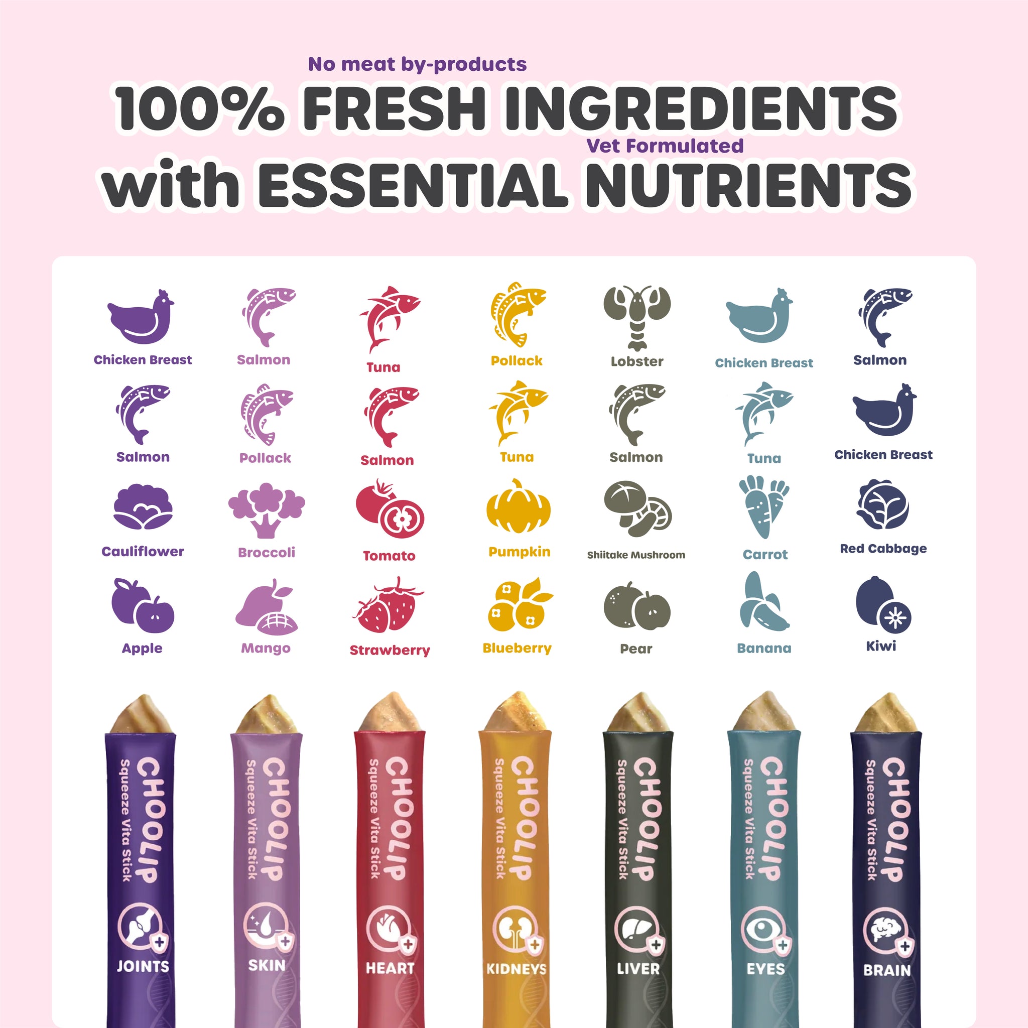 Product packaging with icons of fresh ingredients and CHOOLIP product names on a pink background