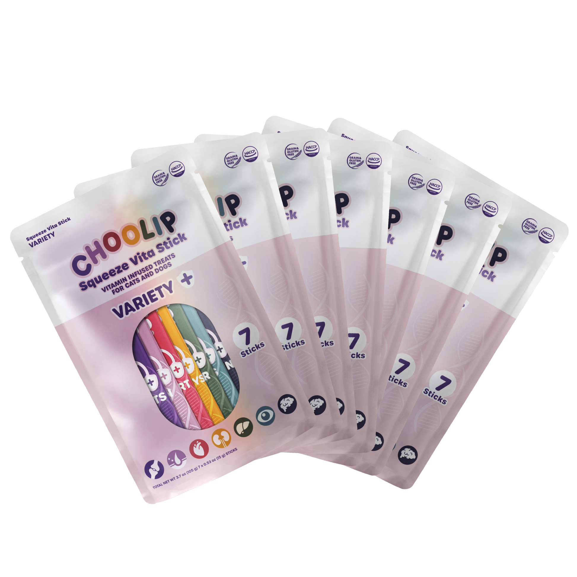 Multiple packages of Choolir Squeeze Vita Stick Variety on a white background
