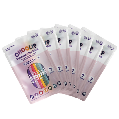 Multiple packages of Choolir Squeeze Vita Stick Variety on a white background