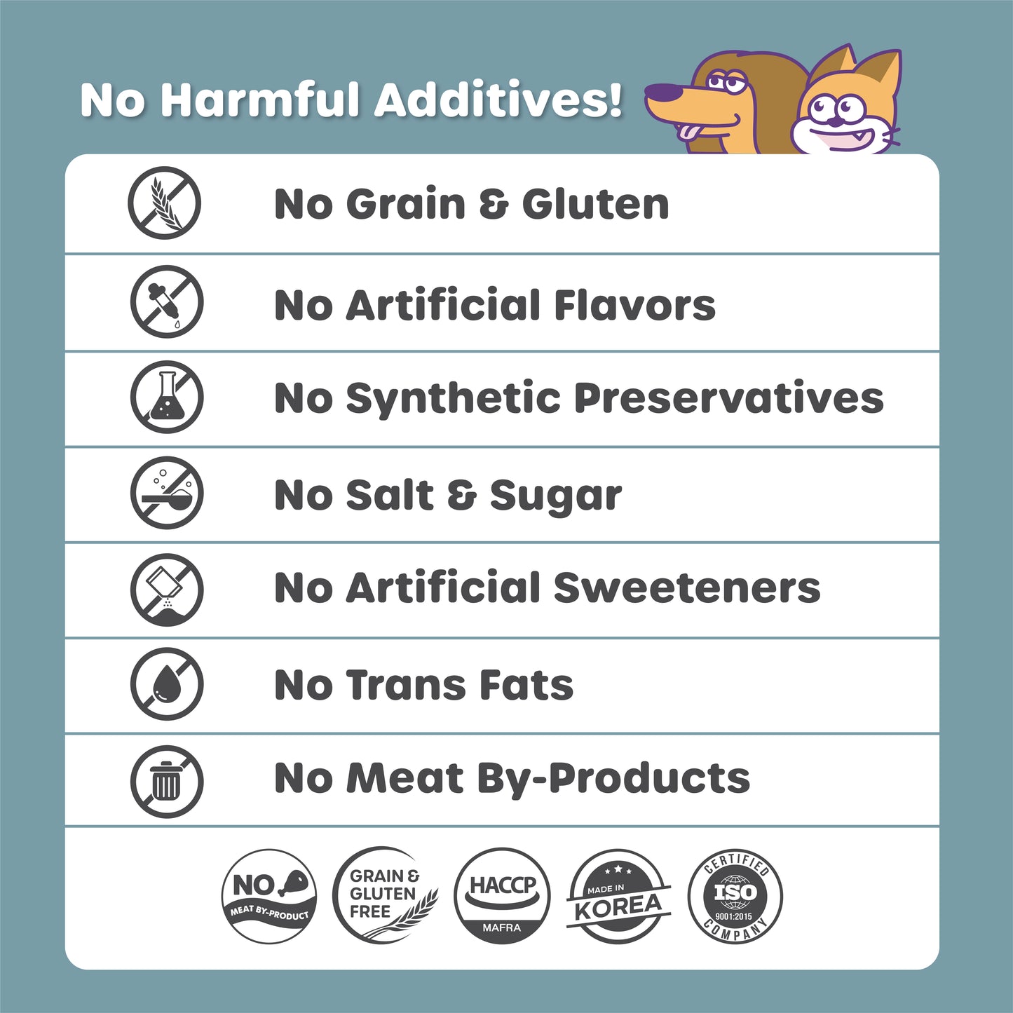 List of product attributes with icons and text on a blue background