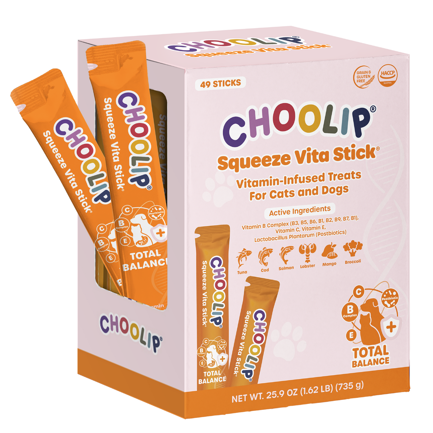 Box of Choolip Total Balance Squeeze Vita Stick vitamin-infused treats for cats and dogs.