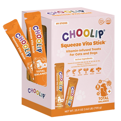 Box of Choolip Total Balance Squeeze Vita Stick vitamin-infused treats for cats and dogs.