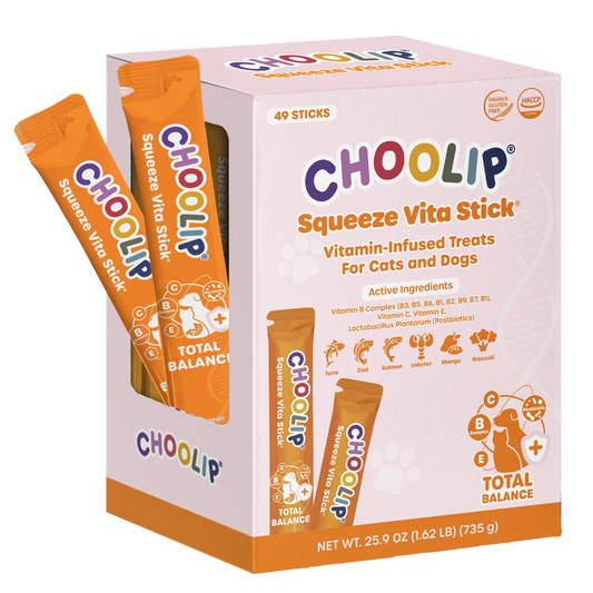 Box of Choolip Total Balance Squeeze Vita Stick vitamin-infused treats for cats and dogs.