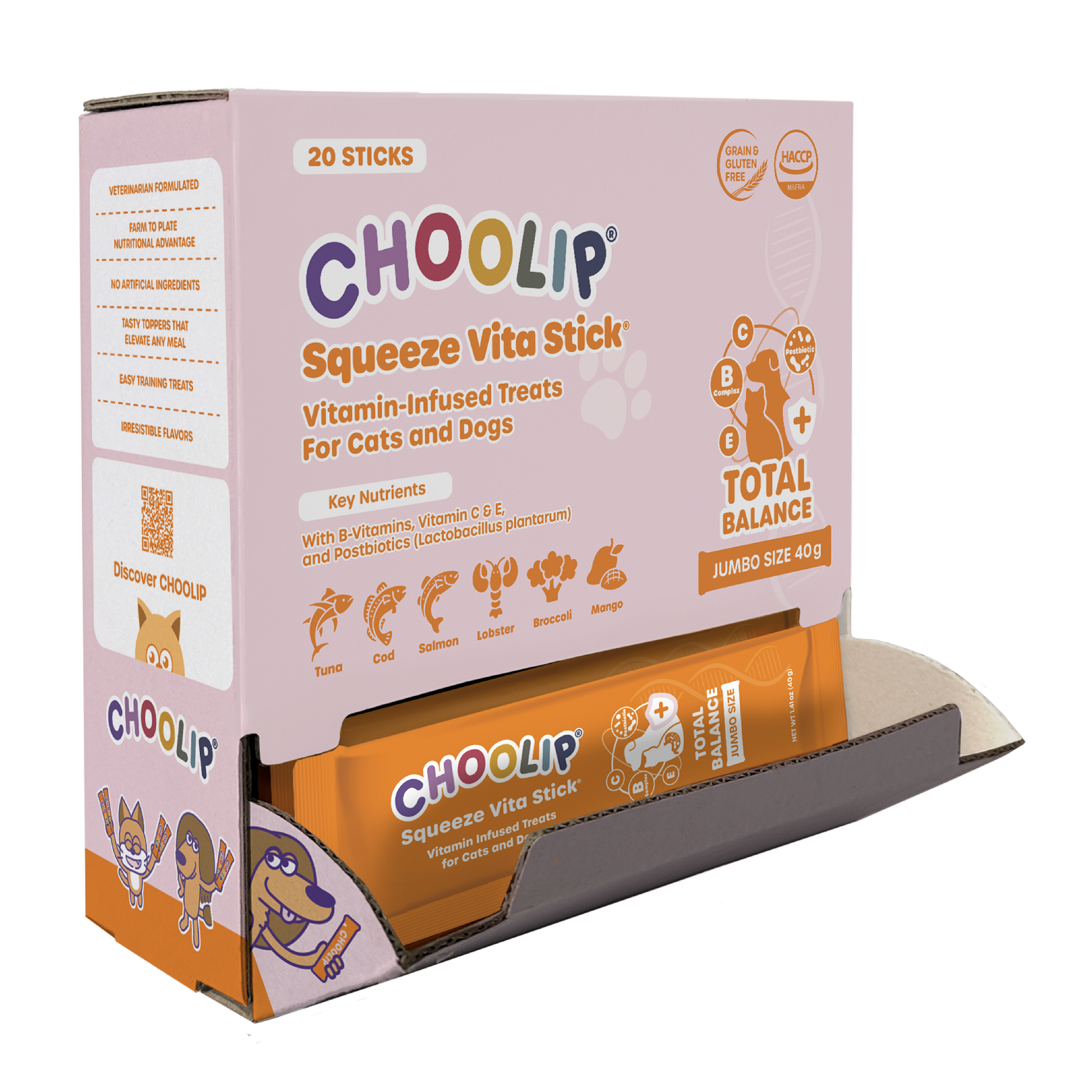Box of Choolip Total Balance Squeeze Vita Stick vitamin-infused treats for cats and dogs.