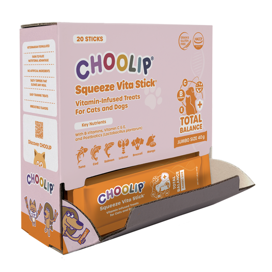 Box of Choolip Total Balance Squeeze Vita Stick vitamin-infused treats for cats and dogs.