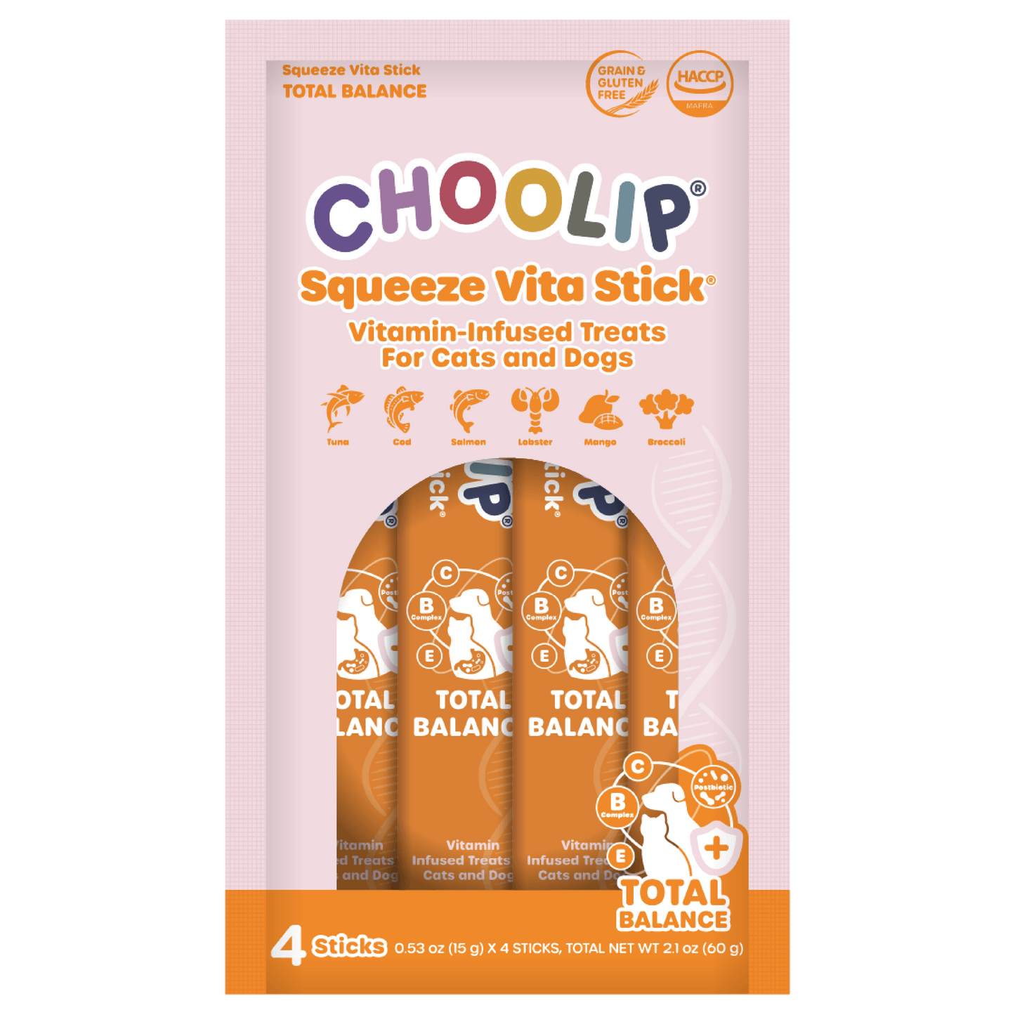 Packaging of Choolip Squeeze Vita Stick vitamin-infused treats Total Balance for cats and dogs.