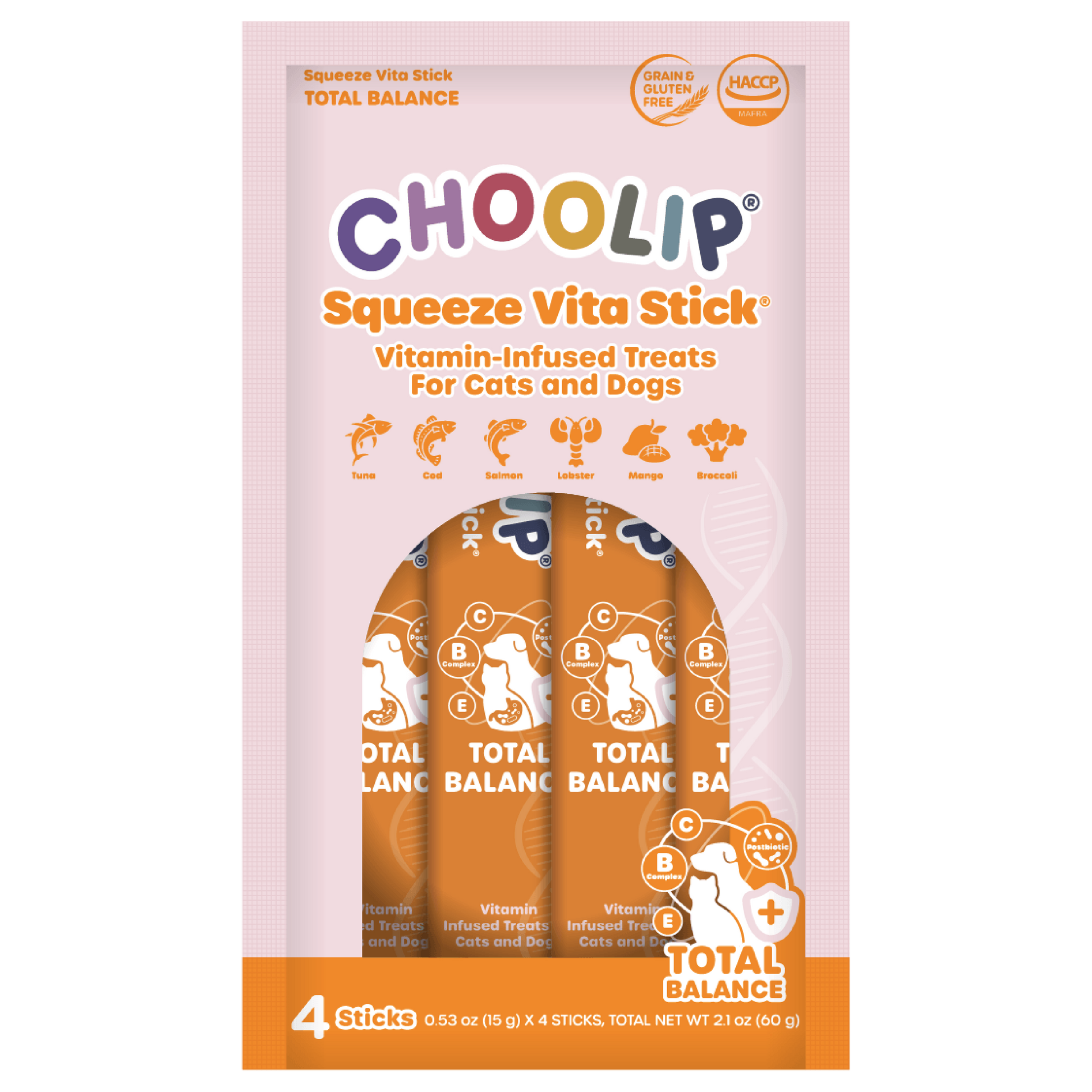 Packaging of Choolip Squeeze Vita Stick vitamin-infused treats Total Balance for cats and dogs.