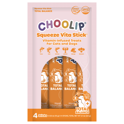 Packaging of Choolip Squeeze Vita Stick vitamin-infused treats Total Balance for cats and dogs.