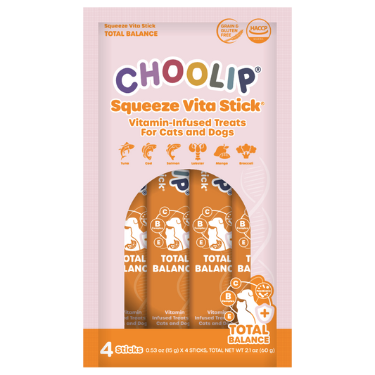 Packaging of Choolip Squeeze Vita Stick vitamin-infused treats Total Balance for cats and dogs.