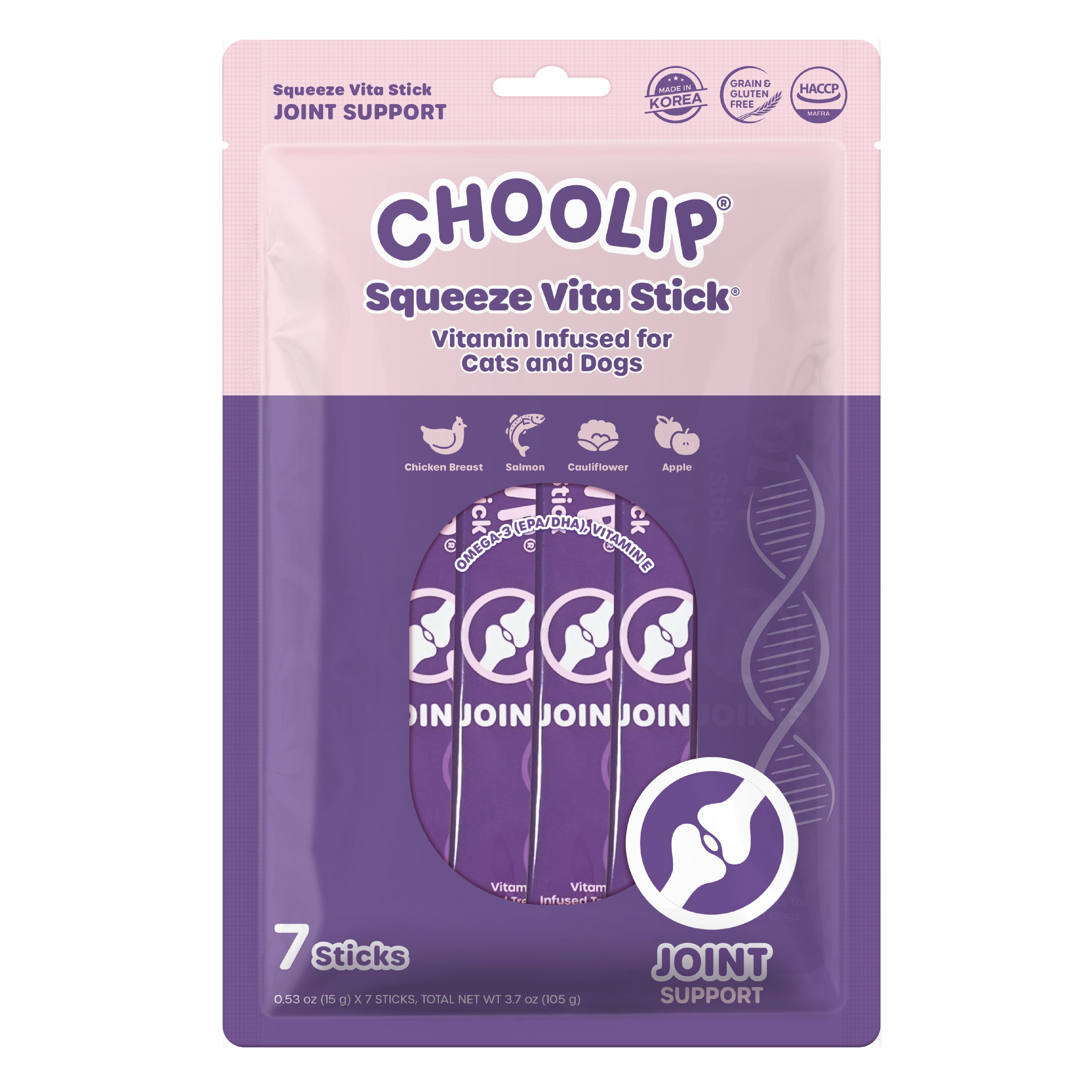 Choolip Squeeze Vita Stick Joint Support packaging for dogs, featuring a pink and purple blister pack with seven individual squeeze sticks visible inside.