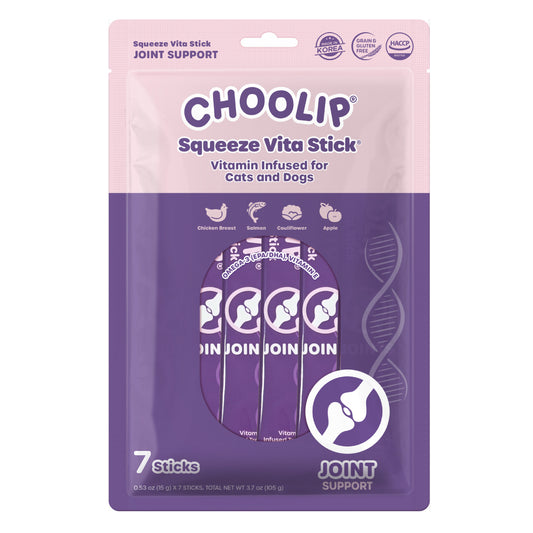 Choolip Squeeze Vita Stick Joint Support packaging for dogs, featuring a pink and purple blister pack with seven individual squeeze sticks visible inside.