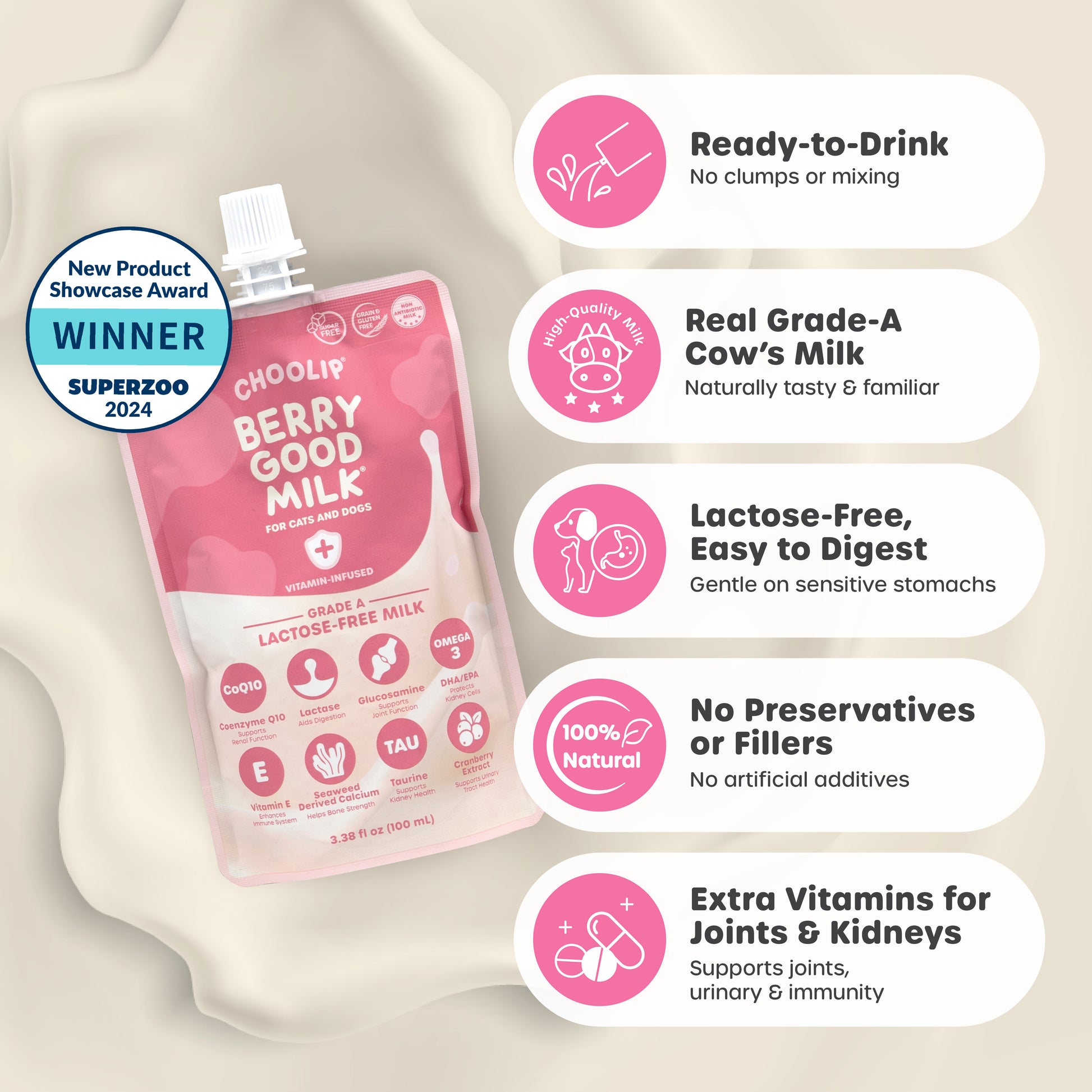 Berry Good Milk package with features listed on a beige background