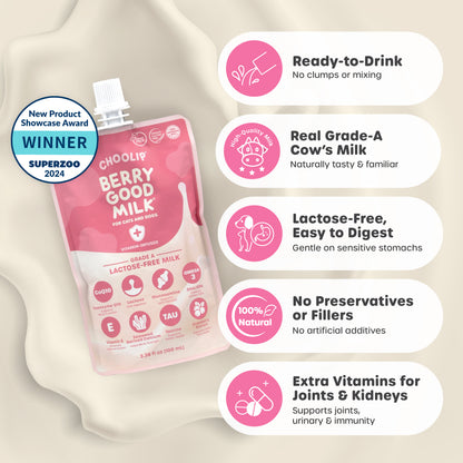 Berry Good Milk package with features listed on a beige background