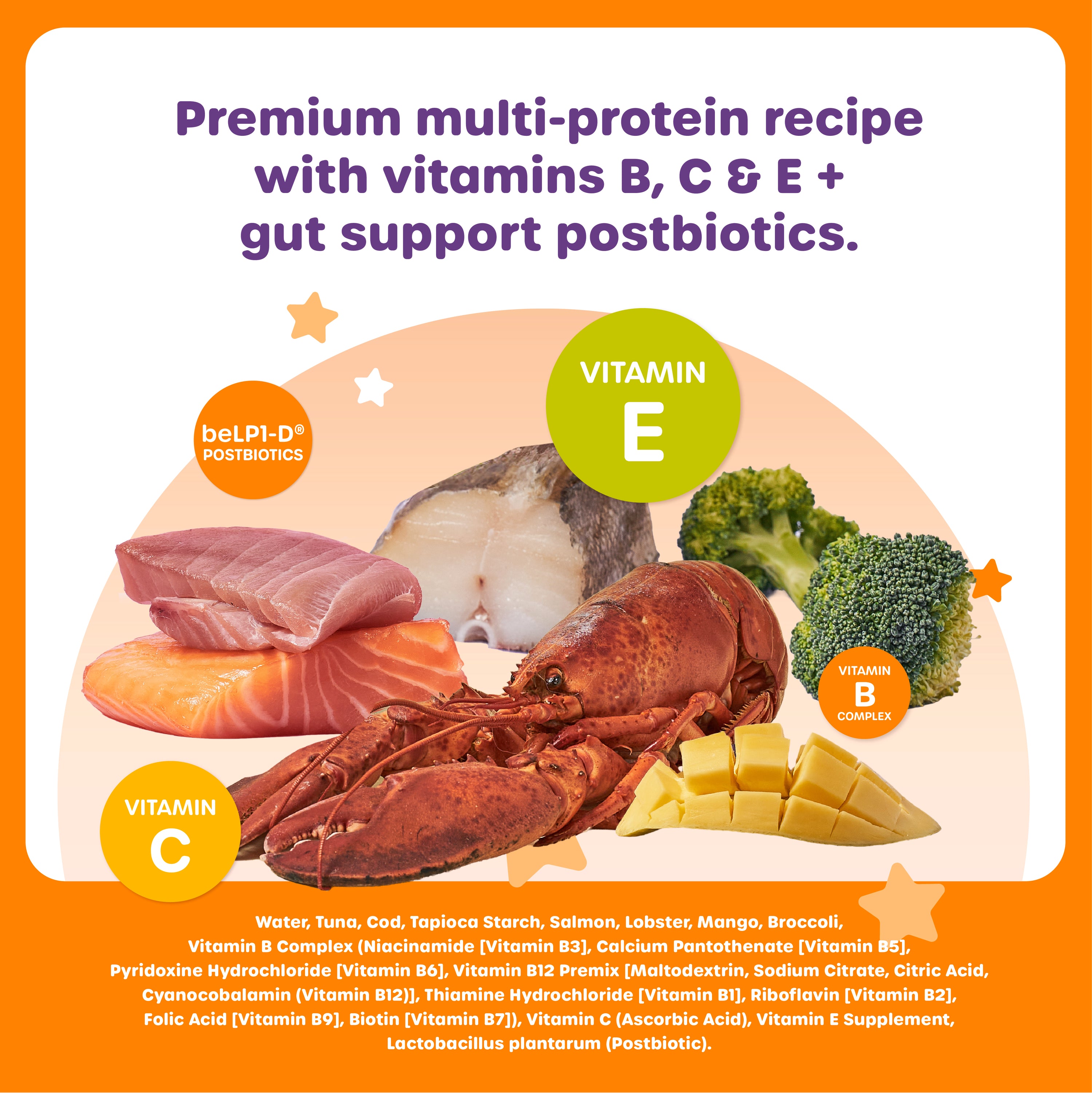 Product advertisement with images of fish, broccoli, and other ingredients on a colorful background.