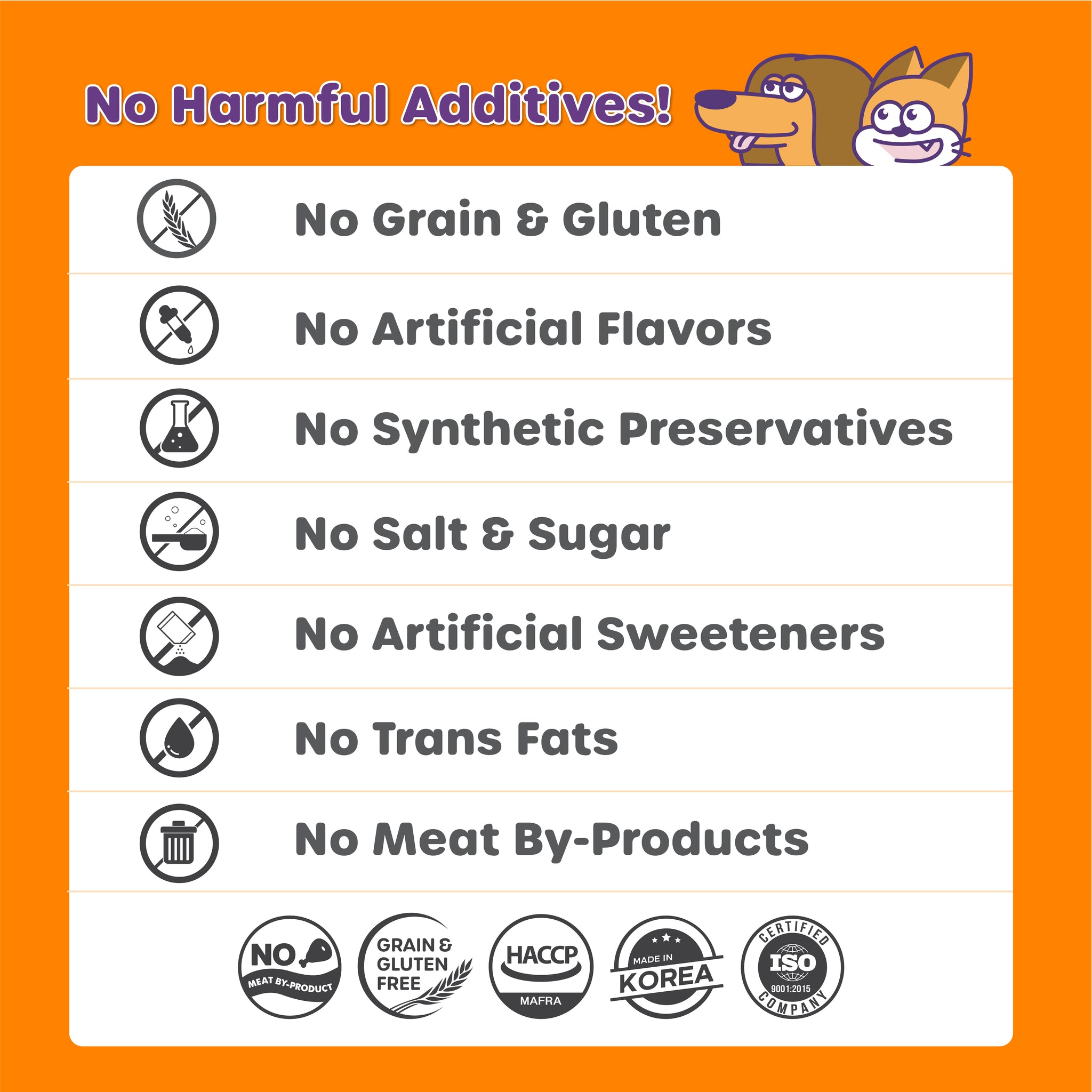 List of no harmful additives on a product label with cartoon dog and cat characters.