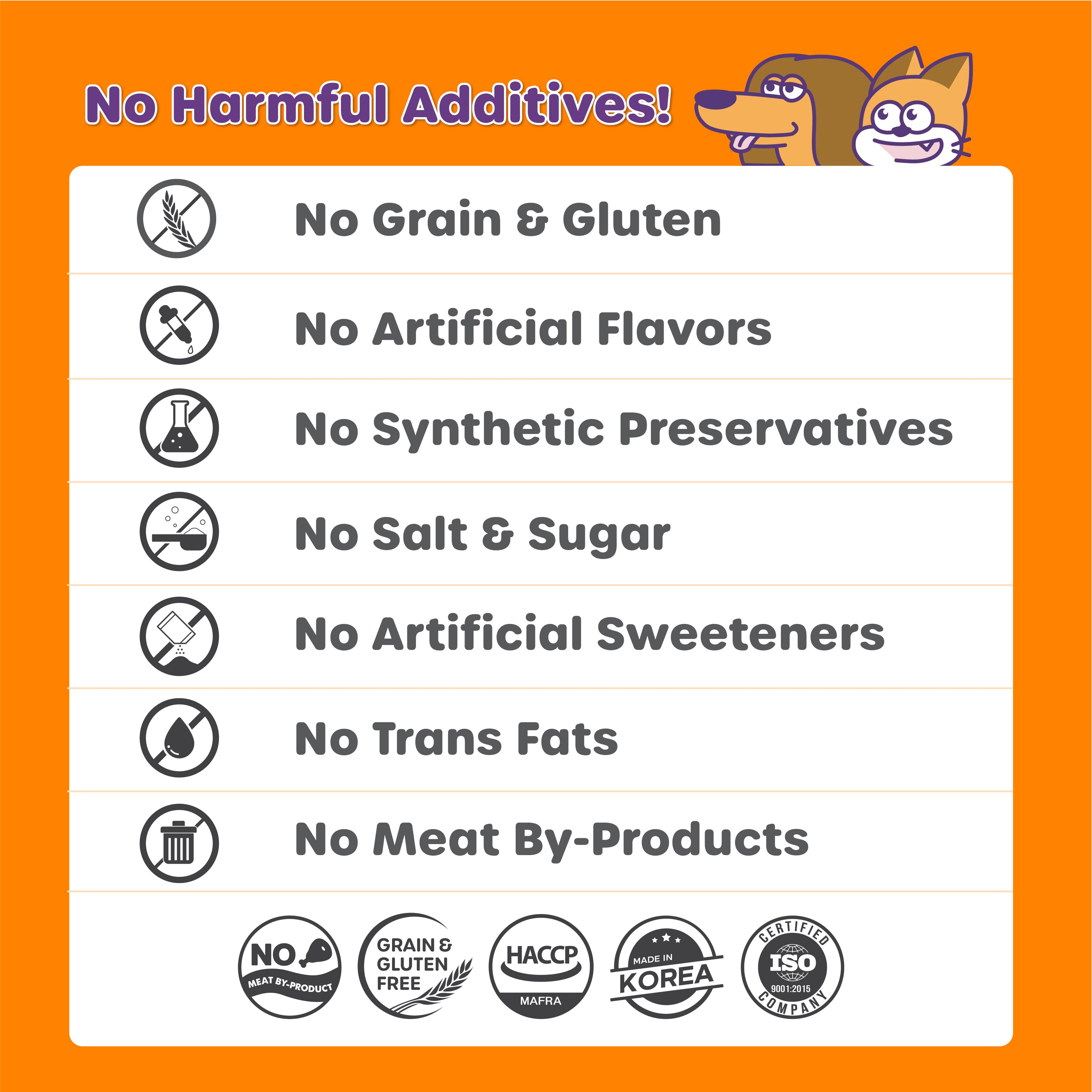 List of no harmful additives on a product label with cartoon dog and cat characters.